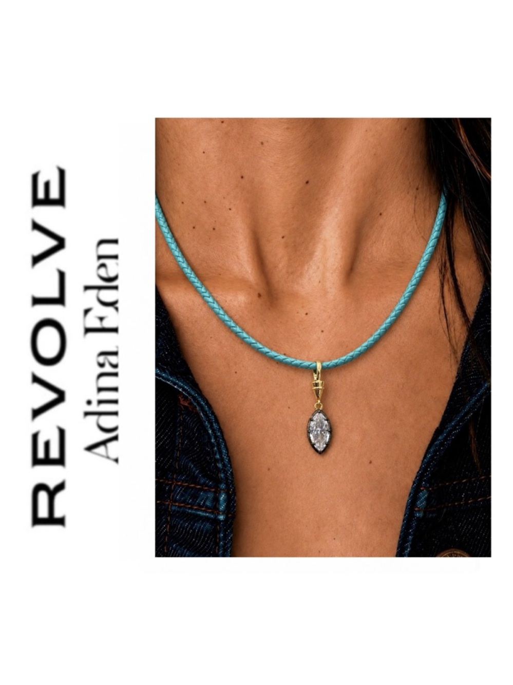 Adina Eden Turquoise Faux Leather Cord Necklace & CZ Black Rhodium Marquise